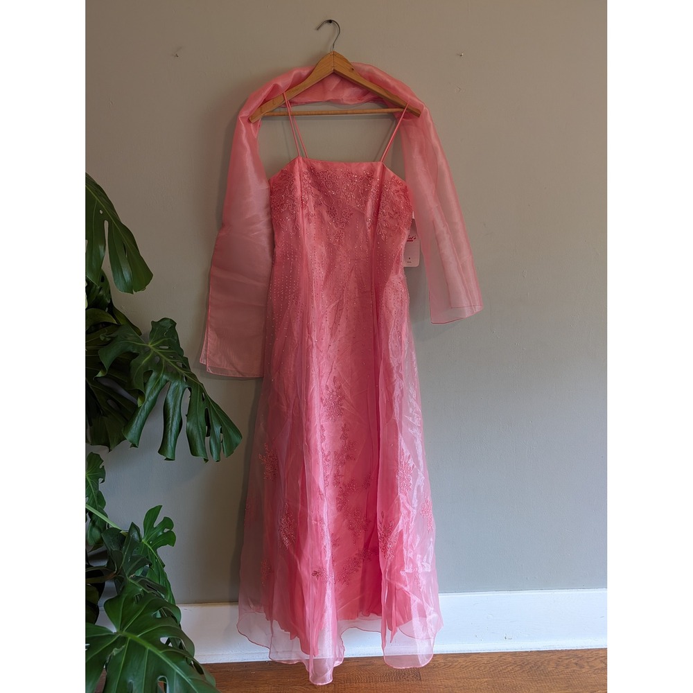 NWT Vintage Y2K Pink Beaded Organza Prom Dress with Shawl Special Ocassion Small
